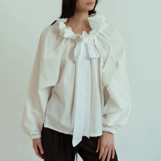 Women's Fashion Stripe Print Shirt Elegant Ruffled Necline Long Lantern Sleeve Loose Blouse Casual Tops