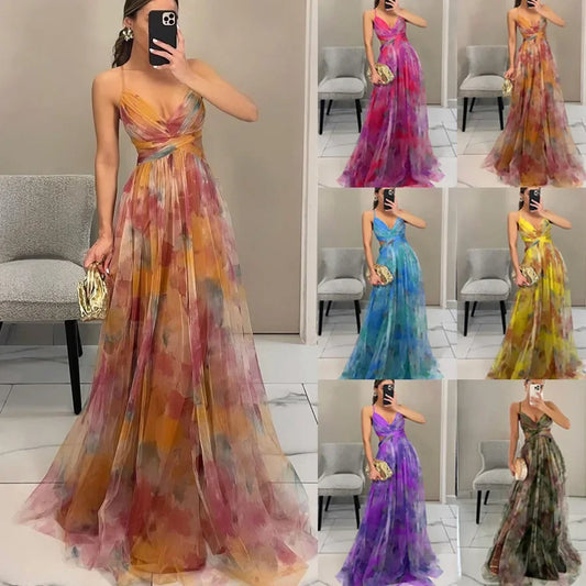 Women's S-XL Size Spring Summer Mesh Printed Hanging Dress Holiday Leisure Party Fashion Slimming Versatile Lady‘s Party Dress
