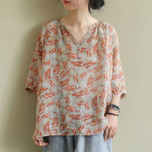 Johnature Women Vintage T-Shirts Print Floral Half Sleeve Loose Soft Cotton Blend 2025 Spring New Casual Clothes Female Tshirts