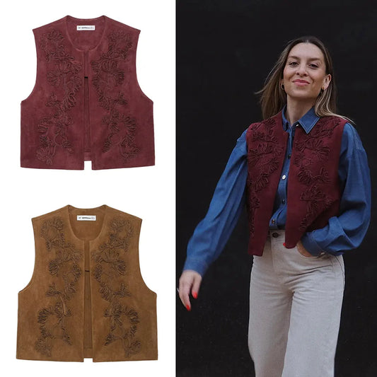 HH Women Elegant Flower Embroidery Vest O Neck Casual Loose Sleeveless Cardigan Waistcoat Spring High Street Outwear Tops