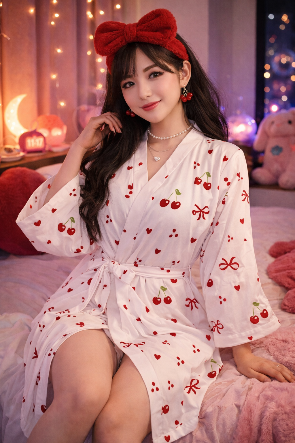 Cherry Heart Kimono Robe – Cute Cherry & Bow All-Over Print Nightwear for Women 🍒
