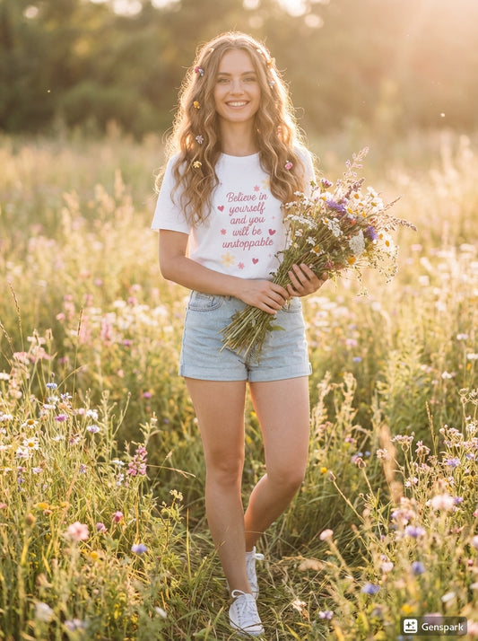 Inspirational Floral Tee — “Believe in yourself and you will be unstoppable”